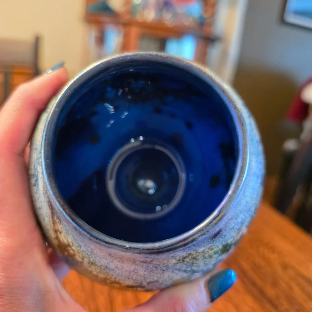 Hand Blown Iridescent Art Glass Vase Cobalt Blue Millefiori Studio Glass 5.5